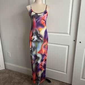 VTG INC USA Mesh Maxi Dress Y2K Abstract Psychedelic Colorful Graphic Sz L